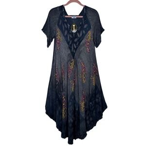 Shoreline Midi Dress Womens Blue Embroidered Sequin Sharkbite Boho Cottagecore